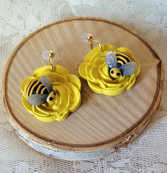 Bee earrings| Floral Earrings|Yellow rose earrings| Honey bee jewelry